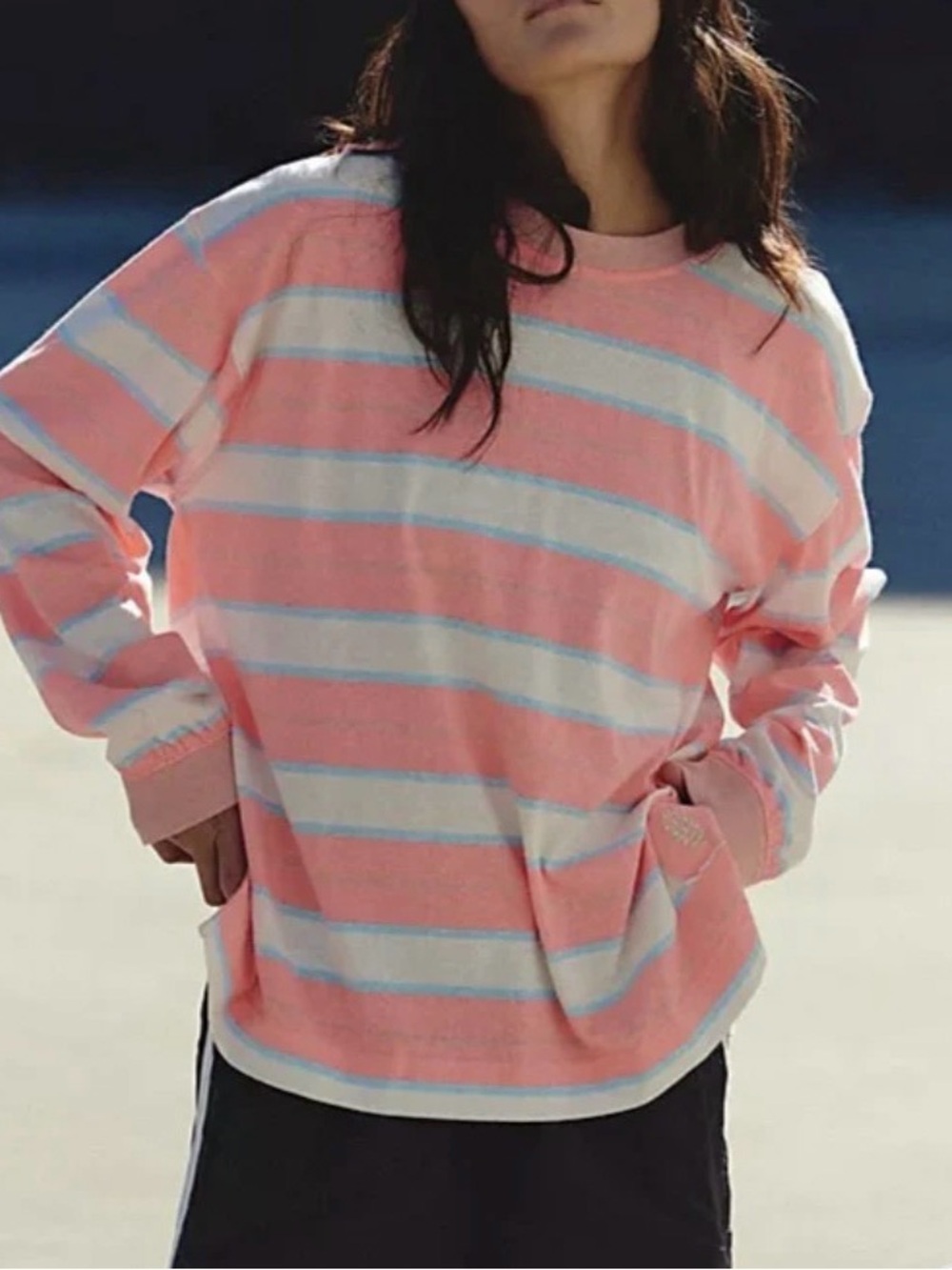 Women's Free People Neon Pink, White Light Blue Striped Crewneck Shirt Size XS